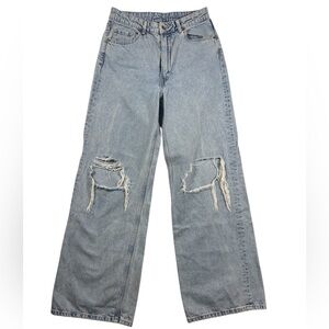 H&M Divided Light Denim 90S Baggy High Waisted Wide Leg Distressed Knee Jeans